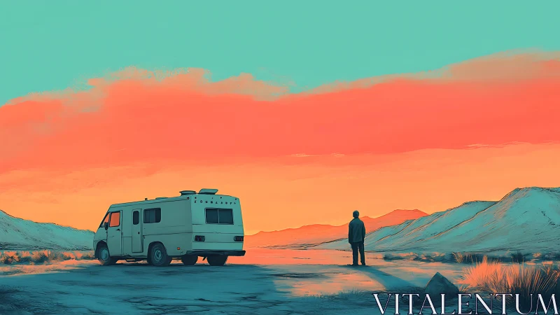 Chromatic desert horizon with RV silhouette and lone figure.