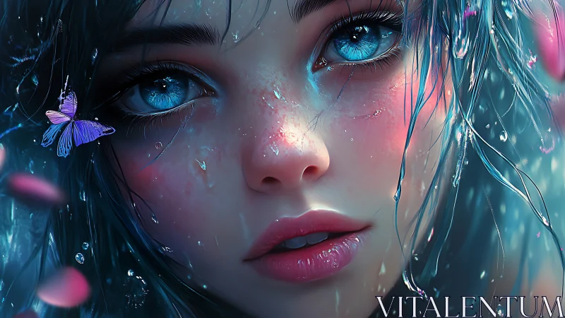 Ethereal blue eyed girl in rain with glowing butterfly.