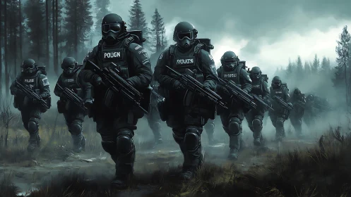 Armored tactical squad advances through foggy conifer forest