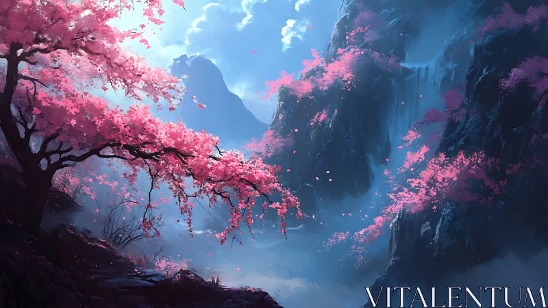 Cherry blossoms cascade across misted mountains in digital light