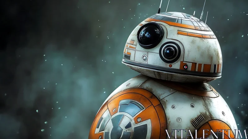 Spherical orange droid rendered with worn metallic realism.