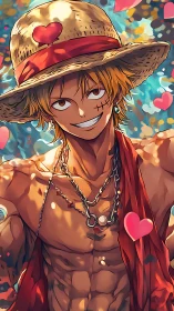 Sunlit straw-hat adventurer shares a bright, playful smile