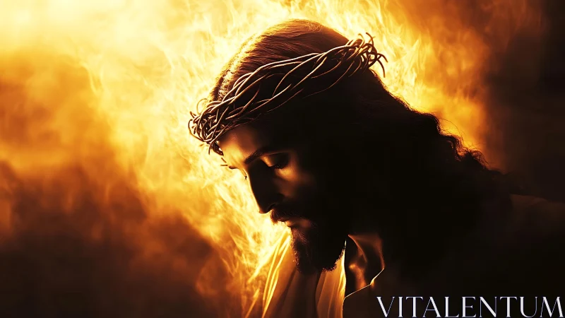 Sacred figure with crown of thorns in radiant golden light.