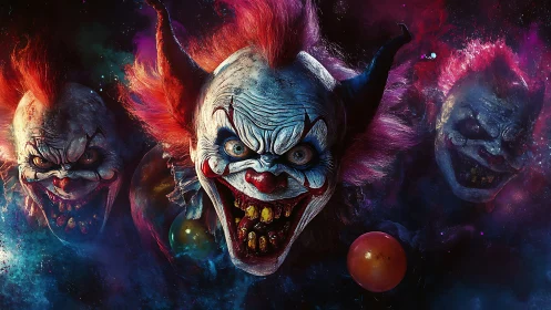 Grotesque demonic clown trio in vivid cosmic colors.
