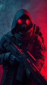 Hooded wasteland sentinel glowing in neon red dusk.