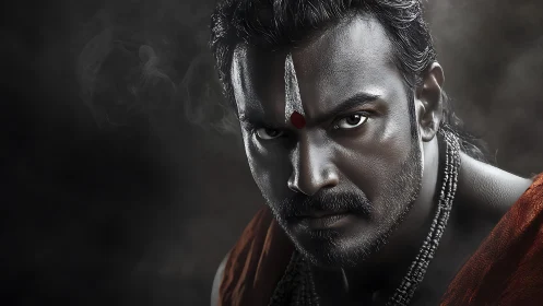 Intense warrior-priest glares through swirling incense smoke.