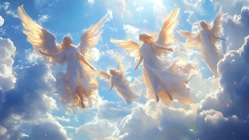 Radiant angelic figures illuminated by volumetric backlit clouds