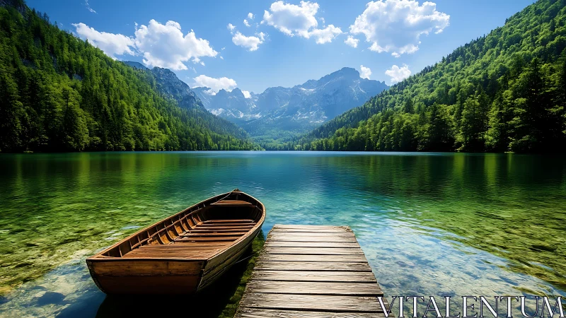 Silent wooden skiff awaiting wanderers on crystal alpine lake.