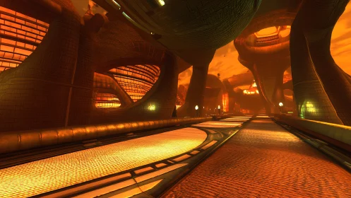 Futuristic curved corridor with orange illuminated structures.