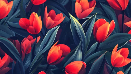 Red tulips with dark blue-green foliage rendered in digital painting style.