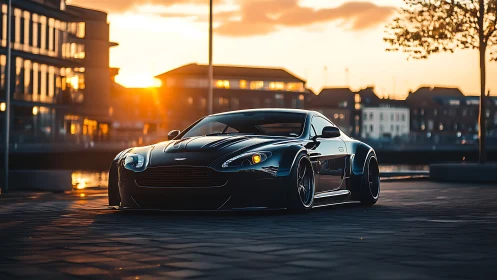 Black sports coupe on riverside street at golden sunset.