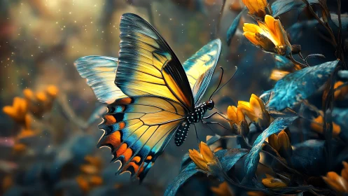 Spectral macro study of luminous butterfly on teal flora.