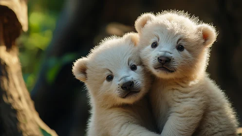 Fluffy bear cub siblings share a gentle forest embrace.