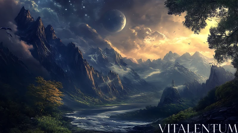 Moonlit fantasy peaks rise above glowing valley river.