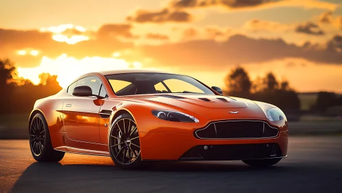 Orange sports coupe parked on track at sunset.