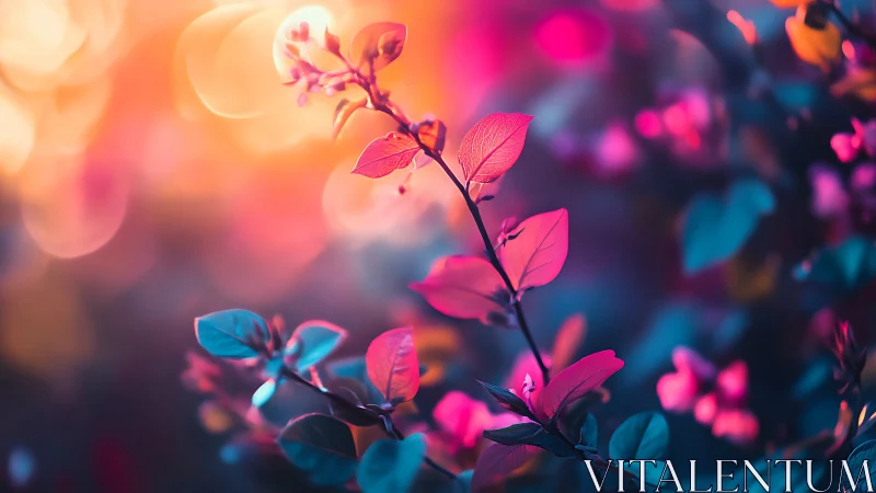 Neon bokeh garden leaves under glowing sunset light