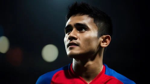 Focused young soccer player under bright stadium lights.