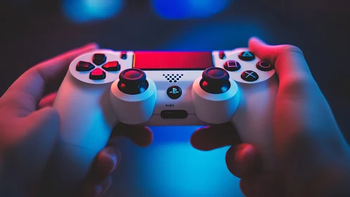 PlayStation Controller Held in Hands With RGB Lighting Effects