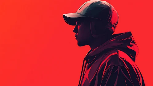 Bold profile silhouette emerges against intense red field.