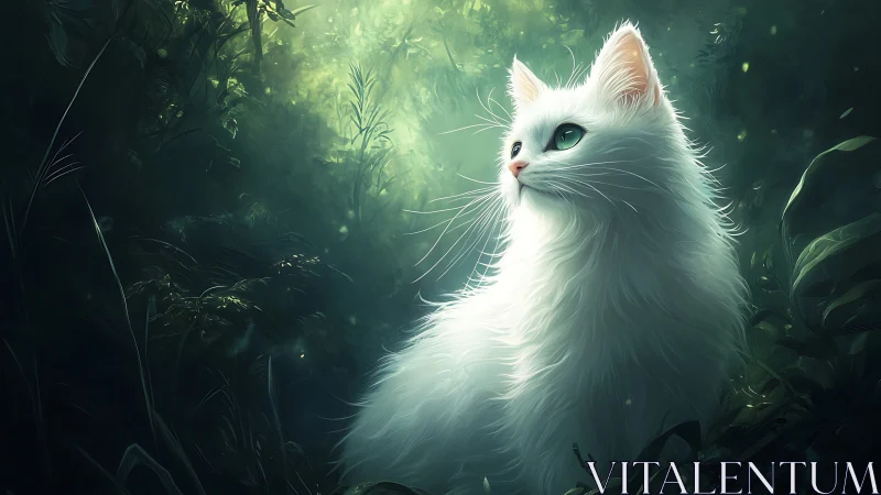 Luminous White Cat in Verdant Forest Glade.