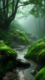 Misty Temperate Rainforest Stream with Moss-Covered Boulders