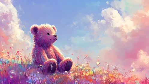 Dreamy rainbow teddy bear basking in a pastel meadow sky.