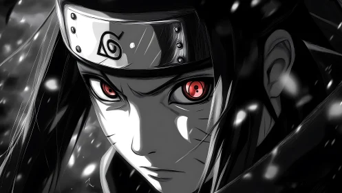 Crimson eyed shinobi glows in storm lit monochrome fury.