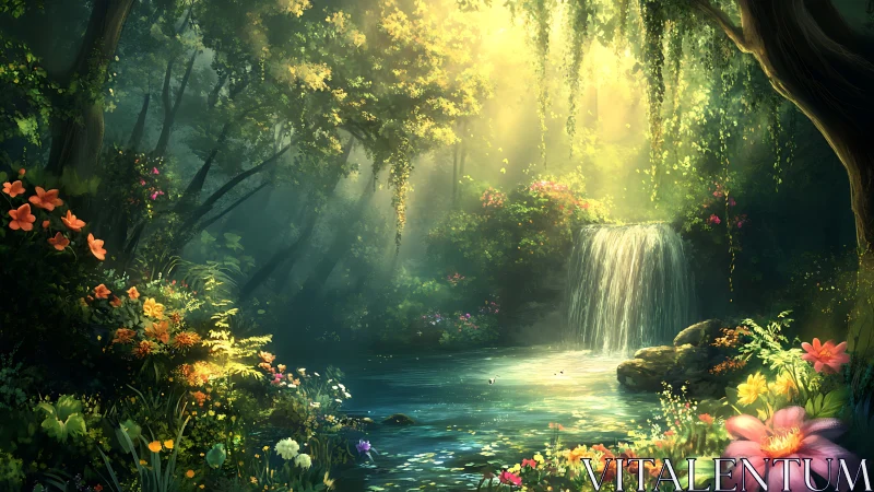 Sunlit forest pool with waterfall and dense floral growth.