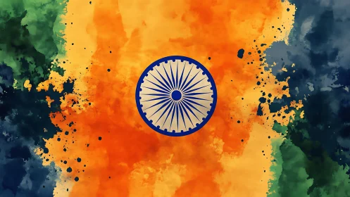 Abstract tricolor composition centers stylized Ashoka Chakra emblem