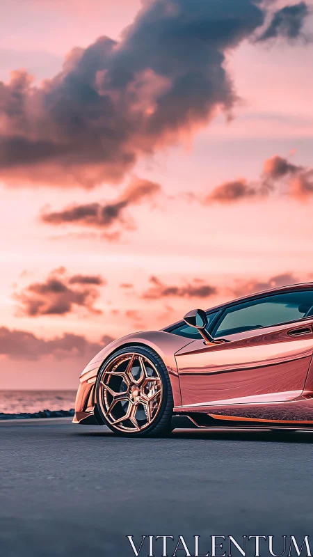 Rose gold sports car parked by ocean at pink sunset.
