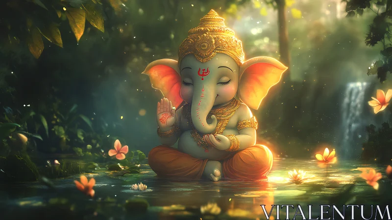 Serene baby Ganesha meditating in luminous forest water garden