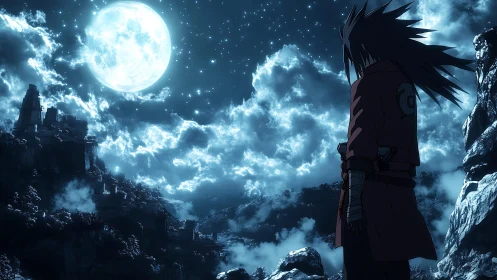 Solitary figure observes illuminated moonlit valley scene