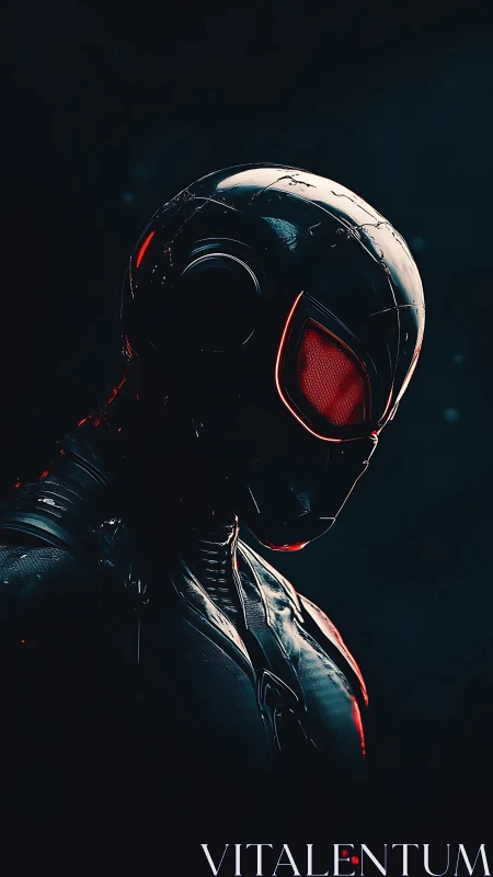 Dark armored sci fi soldier in red lit profile view.