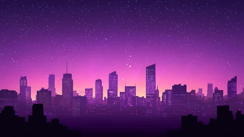 Neon dusk skyline under star-filled violet gradient sky.