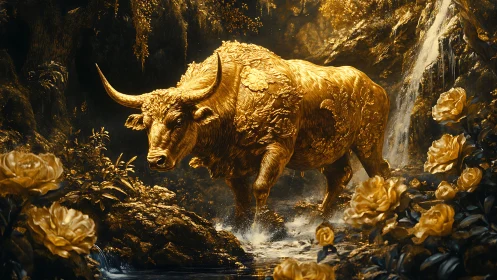 Golden forest bull crossing a sparkling enchanted stream.