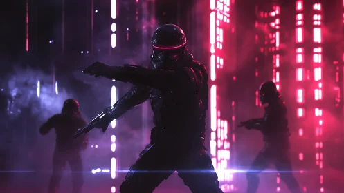 Armored soldiers in neon sci fi corridor, weapons drawn.