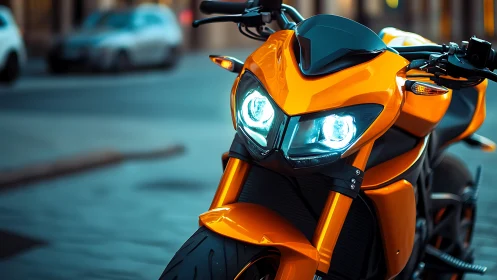 Orange streetfighter motorcycle with glowing LED headlights.