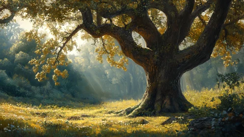 Sunlit ancient oak rendered in high-detail digital painting