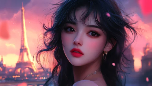 Digital portrait shows woman before Eiffel Tower at sunset