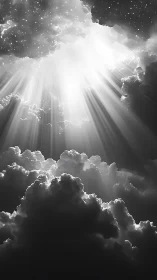 Monochrome celestial clouds pierced by radiant sunbeams.