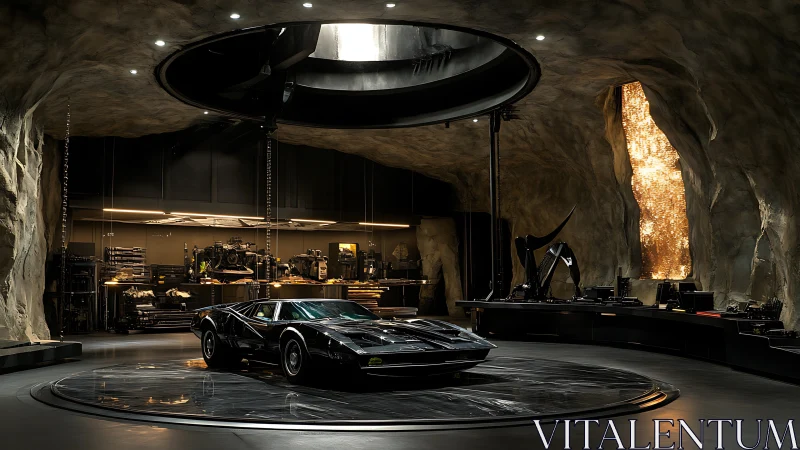Black sports car in subterranean cave workshop interior.