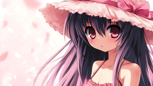 Soft pink summer girl gazes quietly through falling petals