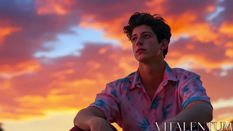 Teen portrait under saturated tropical sunset sky.