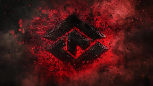 Angular metallic emblem disintegrates into red particulate nebula