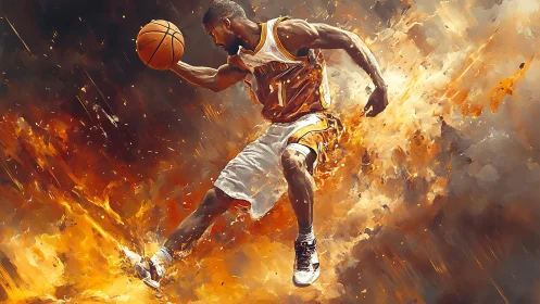 Dynamic basketball player in motion amid fiery abstraction.