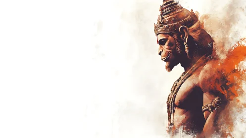 Stoic monkey warrior leans into swirling saffron mist