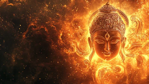 Radiant golden deity face surrounded by swirling fire glow.