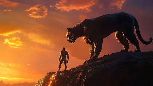 Human figure confronts large feline on rocky elevation.