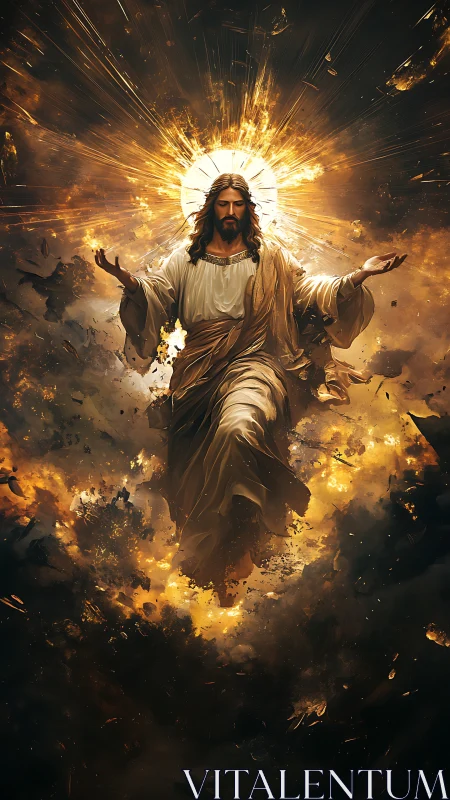 Radiant Christ ascending through blazing celestial clouds.