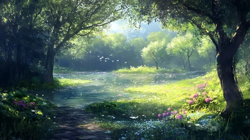 Sunlit River Paradise Through Forest Canopy.